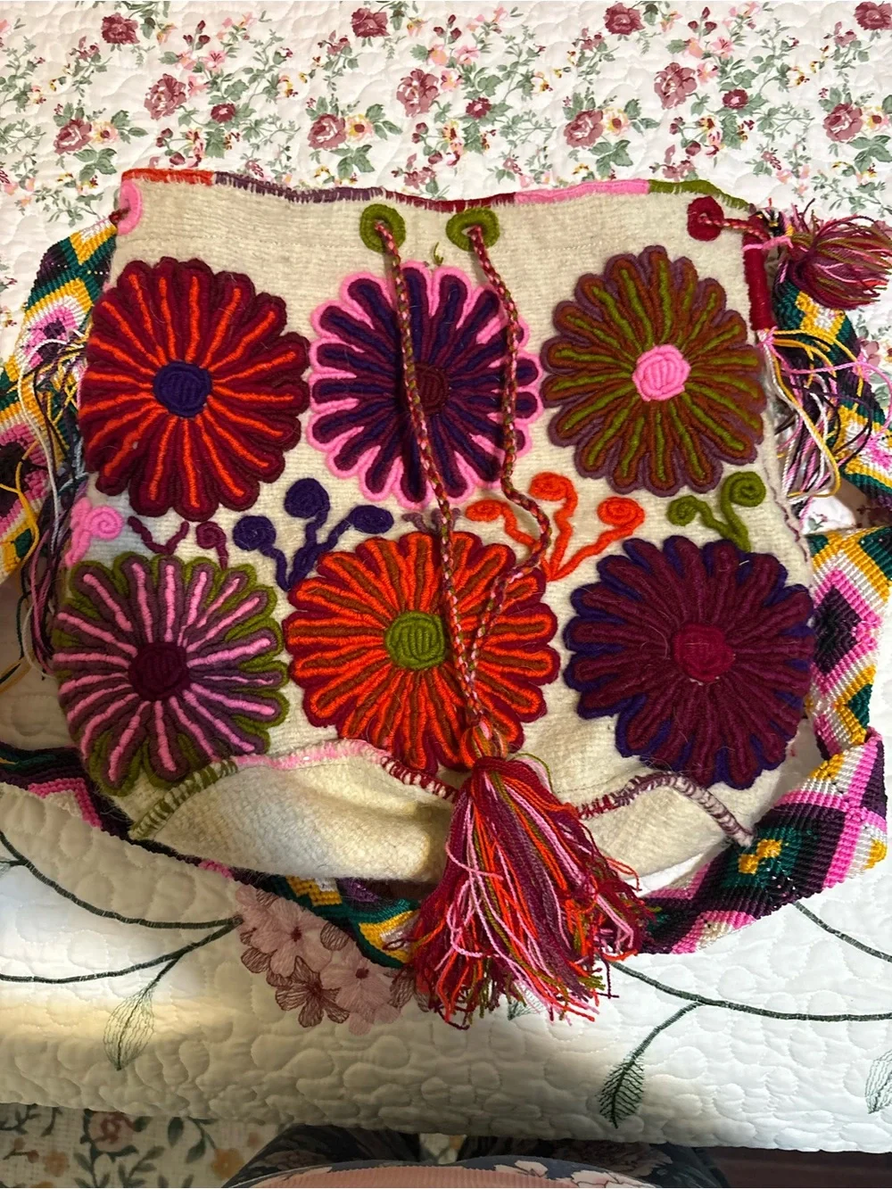 Handcrafted Floral Embroidered Shoulder Bag - Pink & Multicolor